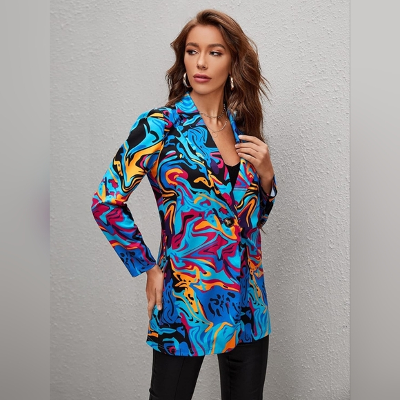 WDIRARA Women's Graphic Print Blazer Button Open Front Long Sleeve Jacket Multic - Picture 4 of 9